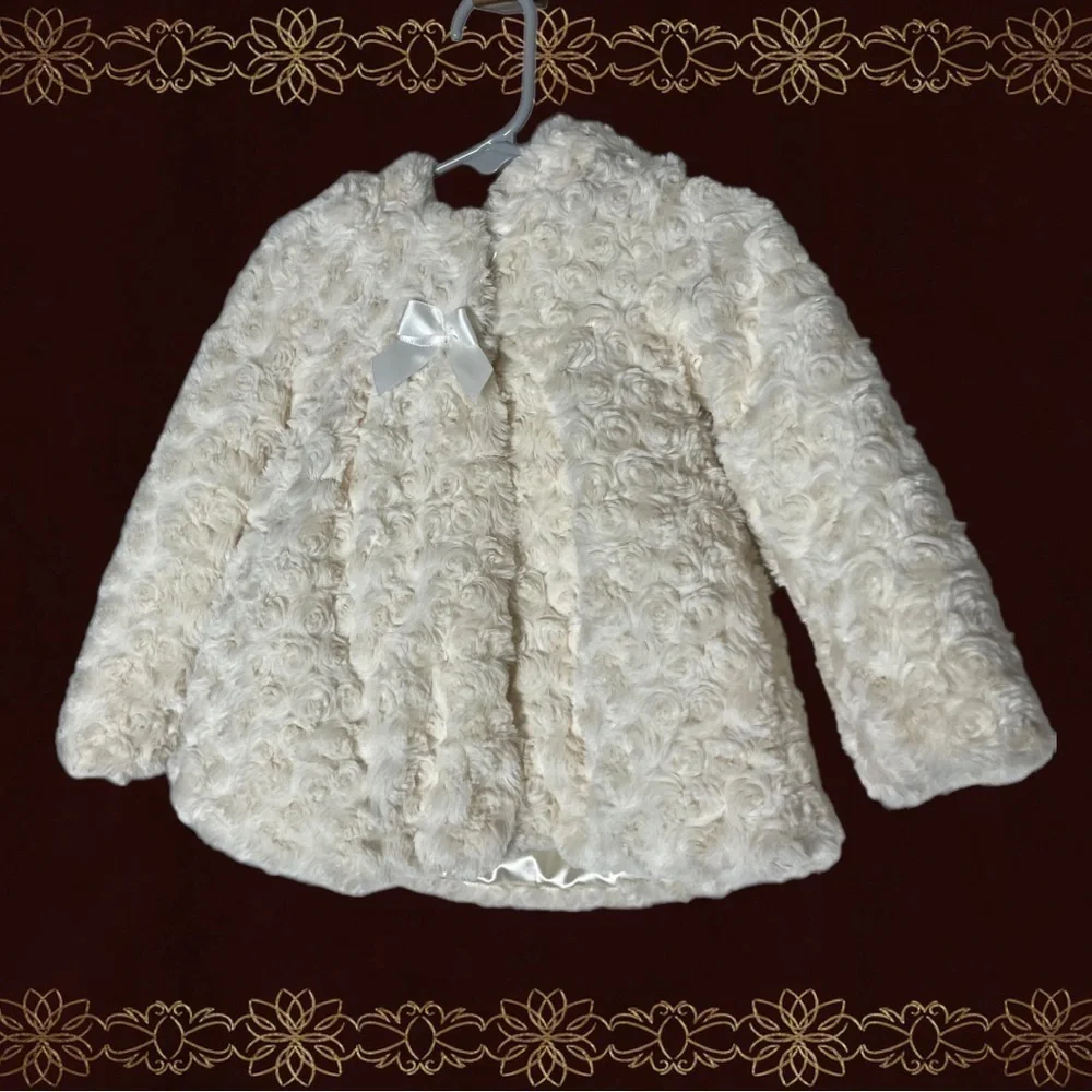 LONDON Fog Girl White Rosette Faux Fur Jacket 12 Month Coat Zipper Button Hooded